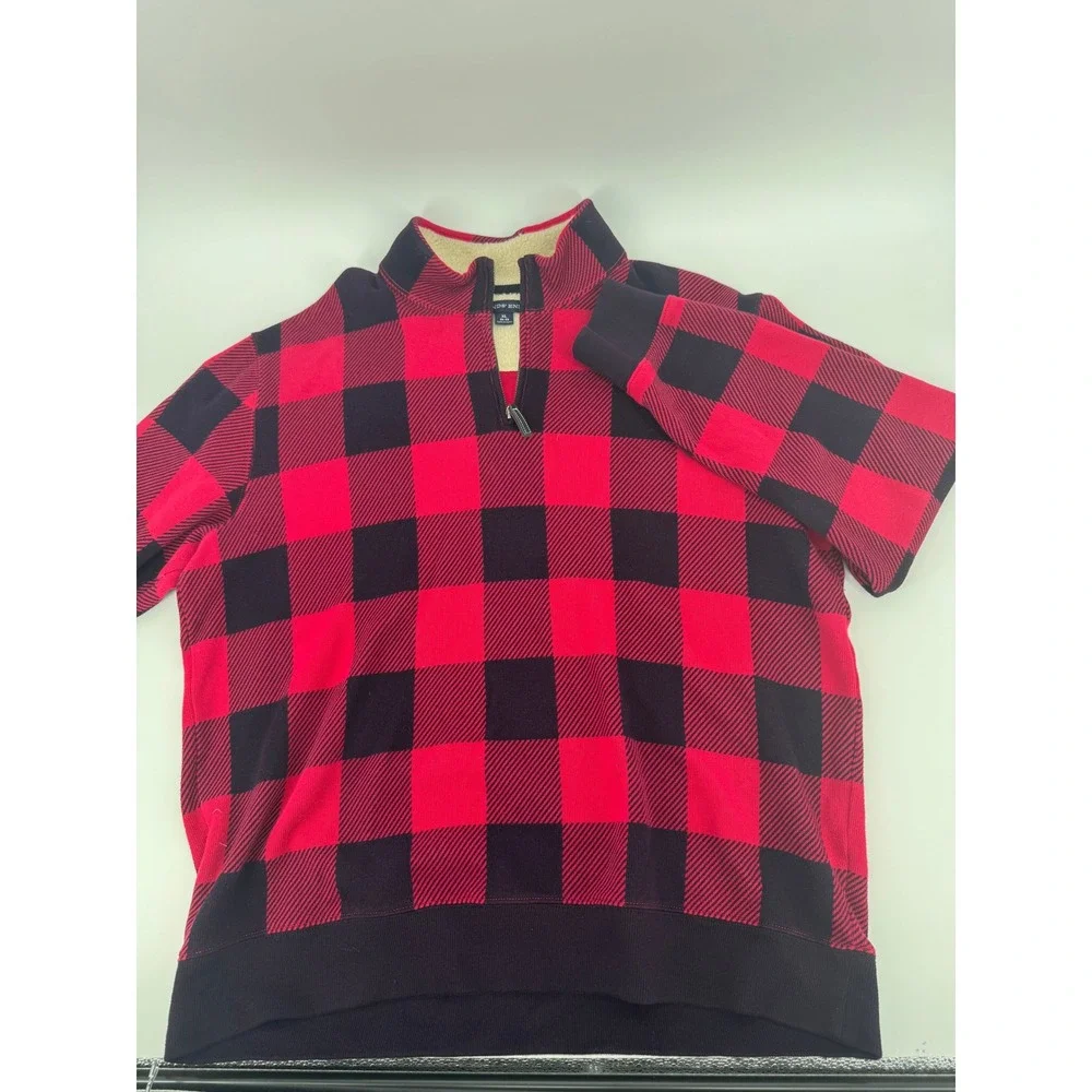 Lands End 1/4 Zip Sweater Fleece Buffalo Plaid Mens XL Red Black Pullover Jacket